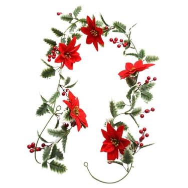 Imagem de shamjina Guirlanda de natal com luzes, guirlanda iluminada de frutas vermelhas, guirlanda de flores vermelhas de natal artificial para ano novo interno, Folhas com borda branca