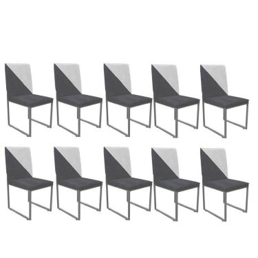 Imagem de Kit 10 Cadeira Stan Duo Sala De Jantar Industrial Ferro Prata Sintético Cinza E Branco - Amey Decor