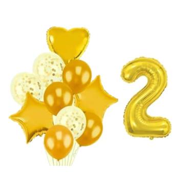 Imagem de Buque 10 Balões Coração Estrela -1 Número Metalizado Dourado (2)