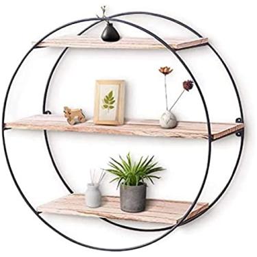 Imagem de Prateleiras flutuantes Organizador de armazenamento de prateleira redonda decorativa, prateleira de parede de ferro forjado Prateleira de decoração de estilo geométrico de madeira rústica pa