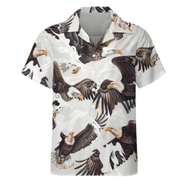 Imagem de Lontse Camisa masculina de manga curta com botão águia animal camisa casual praia camisas havaianas, Branco, P