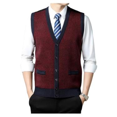 Imagem de Cardigã masculino gola V Jacquard tricotado sem mangas colete leve negócios suéter trespassado, Vinho tinto, 3G