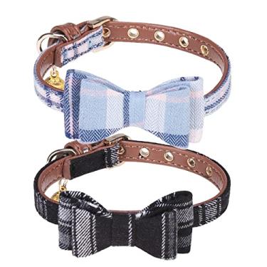 Imagem de PUPTECK Coleira de cachorro com sino – Pacote com 2 coleiras xadrez para cães pequenas com pingente ajustável gravata borboleta de couro macio para gatinhos e filhotes, preto e azul
