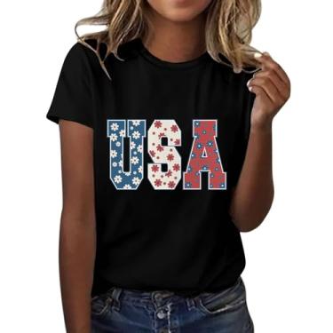 Imagem de Duobla Camisetas femininas de verão 2024 na moda 4 de julho camisetas com estampa de laço de cereja com coração fofo camiseta com letras engraçadas roupas modernas, A-4 preto, XXG