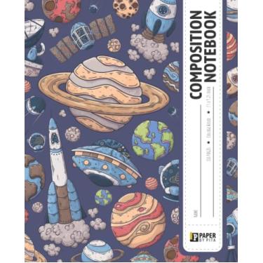 Imagem de Caderno de composição: Ilustrações de objetos cósmicos com muita variação - amarelo / caderno pautado pela faculdade / diário para escola, faculdade, universidade e escritório