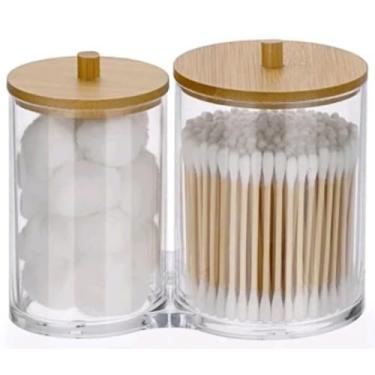 Imagem de Porta Algodão E Cotonete Duplo Suporte Acrílico C/ Tampa Bambu Caixa Organizador Cosméticos Dispenser Bola E Discos Algodão Pote Armazenamento Transparente Maquiagem Kit Banheiro Redondo Porta Treco