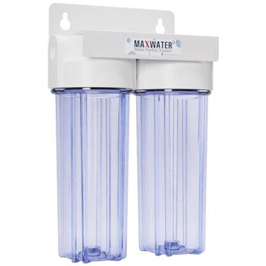 Imagem de Max Water Sistema de filtro de água doméstico padrão de 25,4 cm, 2 estágios, variação de caixa de filtro transparente de entrada de 3/10.2 cm, suporta filtros de água de 25,4 cm x 6,3 cm