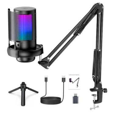 Imagem de Microfone USB Gaming PC, Microfone RGB para PC/Notebook, Mic with Boom Arm, Microphone Condensador de mesa/Braço, Live, Podcast, Gravação de Audio, Karaoke, Gamer Youtuber DJ