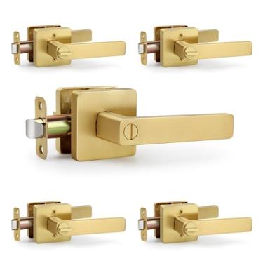 Imagem de LOQRON Maçaneta de porta quadrada de privacidade, maçaneta de porta resistente dourada escovada com trava de privacidade para porta de quarto e banheiro, pacote com 5 maçanetas reversíveis para