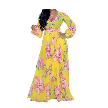 Imagem de lvenzse Vestido maxi feminino boho chiffon estampado floral decote em V vestidos longos, A - manga comprida - amarelo, XXG