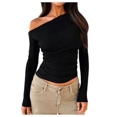 Imagem de Milumia Camiseta feminina com ombros de fora, gola assimétrica, franzida, manga comprida, camiseta elegante, Preto, G