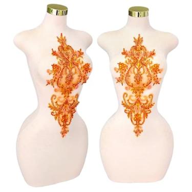 Imagem de Remendos de cristal feitos à mão com contas de renda corpete apliques DIY apliques para roupas sociais (M9-laranja)