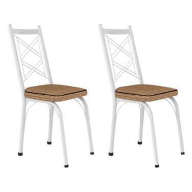 Imagem de Kit 2 Cadeiras de Cozinha Delaware Estampado Rattan Bege Pés de Ferro 
