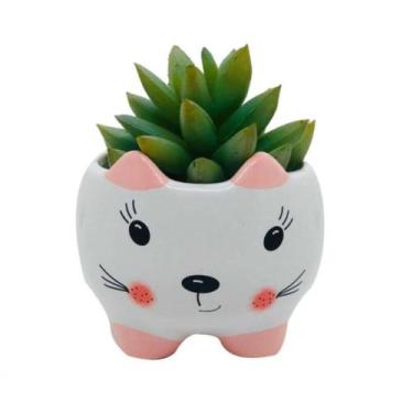 Imagem de Vasinho Gato orelha rosa Ceramica para suculenta e flores - HP Decor