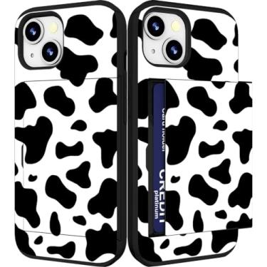 Imagem de IWONE Capa compatível com iPhone 14/15 Plus fofa com porta-cartões Slim Slot Phone 14/15 Plus capa carteira para mulheres/preto branco padrão de vaca tema animal