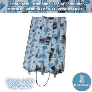 Imagem de Estojo Azul Estampado Escolar Feminino Multiuso Bolsinha Lona 3 Divisó