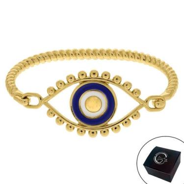 Imagem de Pulseira Bracelete Feminina Olho Grego Azul Semijoia Banhado a Ouro - 