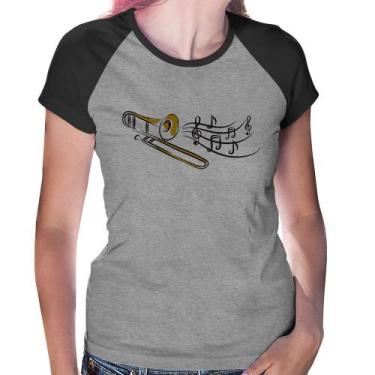 Imagem de Baby Look Raglan Trombone Notas Musicais - Foca na Moda, Cinza, Preto,