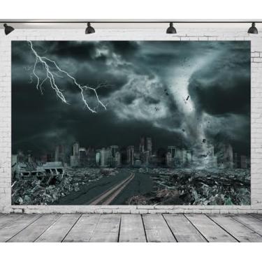 Imagem de DePhoto Pano de fundo de tornado de 1,8 x 1,8 m para fotografia, céu escuro, relâmpago, rodovia, festa de Halloween, faixa de fundo de festa de Halloween, casa assombrada, ruínas mágicas, retrato de