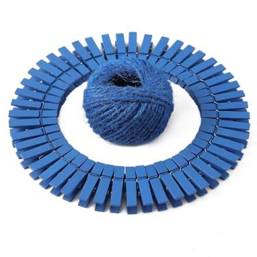 Imagem de HSTECH 100 pregadores de roupa azuis de madeira natural e fio de juta de 2,5 m, alfinetes de roupas de bebê, clipes de fotos de artesanato de 3,5 cm para decoração de artesanato em casa, escola,