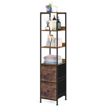 Imagem de smusei Armário de armazenamento de banheiro de 5 camadas com 2 gavetas, prateleira de armazenamento de piso de banheiro alta independente armário estreito suporte para sala de estar, quarto, cozinha,