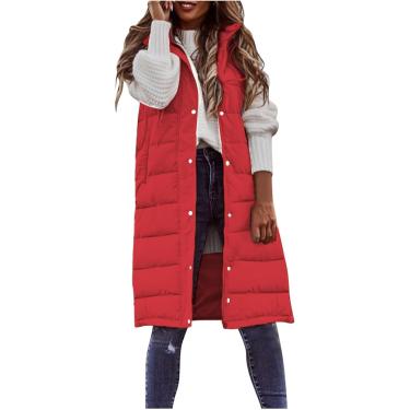 Imagem de Colete longo feminino sem mangas leve puffer jacet pacable casaco com capuz acolchoado com capuz inverno, vermelho, s