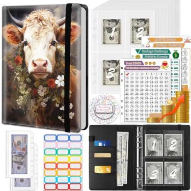 Imagem de Fichário para economizar dinheiro, 100 envelopes, desafio de economia de dinheiro, fichário de orçamento e 3 rastreadores de orçamento, livros de couro PU A5 para economizar dinheiro, flores e vaca, 1