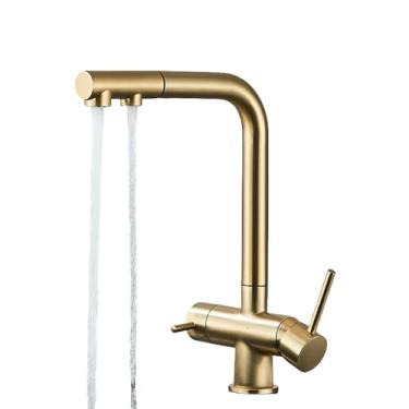 Imagem de Torneira de latão com filtro para cozinha, torneira giratória com spray retrátil, torneira dupla para água potável, misturador de pia, ouro escovado