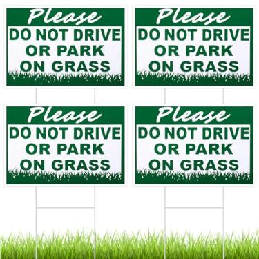 Imagem de Soaoo Placa de 4 peças Please Do Not Drive or Park on Grass Yard 20 x 30,5 cm à prova d'água dupla face Keep Off Grass Sign No Parking on Grass Sign with Metal Wire H Stakes Stay off Grass Signs for