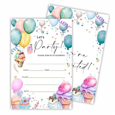 Imagem de Hsupl Cartões de convite de aniversário (10 cm x 15 cm - Let's Party - Conjunto de 20 convites de aniversário com envelopes - Balões coloridos e convites de sorvete para meninos meninas adolescentes