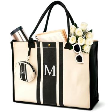 Imagem de Sacola de lona inicial – Presente personalizado para mulheres com letra bordada | Bolsa com monograma para Natal e aniversários, Branco, preto., One Size