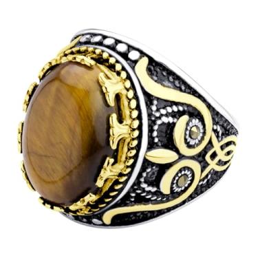 Imagem de 555Jewelry Anéis masculinos de aço inoxidável sólido dourado prata para homens turquesa verde olho de tigre anel masculino vintage mindinho grande ônix anel de sinete para homens tamanho 8-13 EUA, Aço