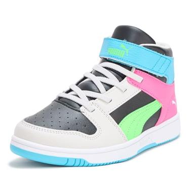 Imagem de PUMA Tênis infantil unissex Rebound Layup Mid Hook and Loop (criança pequena), Puma Preto/Verde Fluorescente/Cinza Pena, 12 Little Kid