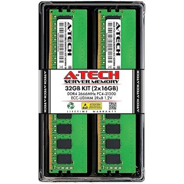 Imagem de A-Tech Kit de servidor de 32 GB (2 x 16 GB) DDR4 2666 MHz PC4-21300 ECC UDIMM 2Rx8 Dual Rank 1,2V ECC DIMM sem buffer 288 pinos Módulos de atualização de memória RAM para servidor e estação de