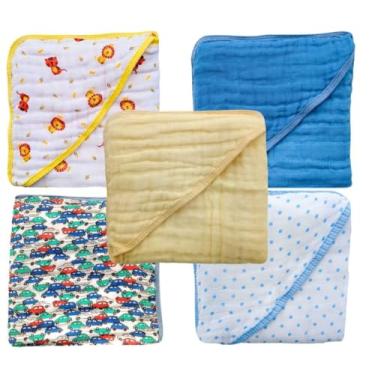 Imagem de Toalha de Banho para Bebe Enxoval tecido fralda com Capuz 100% Algodão Recém Nascido (Kit 2 Toalhas Menino Sortido)