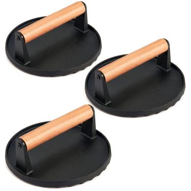 Imagem de Leonyo 3Pcs Grill Press, 7" Round Heavy Duty Ferro Fundido Burger Press Com Cabo De Madeira, Smash Burger Para Chapa Grelha, Hambúrguer, Carne, Bife, Patty, Panini, Churrasco, Panela Antiaderente