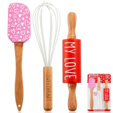 Imagem de Fuutreo O conjunto de mini bolos para o Dia dos Namorados inclui espátulas de silicone com alças de madeira, batedor e rolo de massa, resistente ao calor, ideia de presente de Dia dos Namorados para