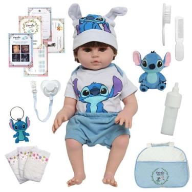 Imagem de Boneco Reborn Bebê Arthur Enxoval Stitch Pode Dar Banho - Cegonha Doll