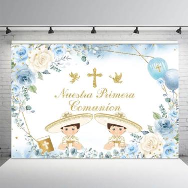 Imagem de AIBIIN 2,1 x 1,5 m Nuestra Batismo pano de fundo para meninos Mi Primera Comunion batizado fotografia fundo God Bless Mi Primera Comunión Mi Bautizo branco floral decoração festa banner