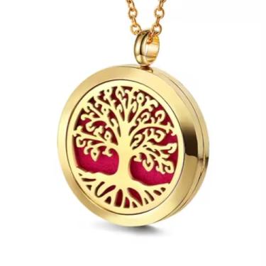 Imagem de Colar Dourado Difusor Pessoal Arvore da Vida Aromaterapia Oleo Essencial Aço Inoxidavel 25mm