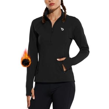 Imagem de BALEAF Jaqueta feminina de corrida de lã com meio zíper para clima frio, camisetas térmicas, pulôver, atlético, treino, inverno, Preto, PP