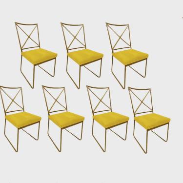 Imagem de Kit 07 Cadeiras Sala de Jantar Escritório Office Clark Industrial Ferro Dourado Suede Amarelo - Ahz Móveis