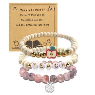 Imagem de FIRSAUKI Pulseira de agradecimento do professor para mulheres e homens, pedra natural, presente de agradecimento, presente para ensinar, pulseiras de argila de polímero, presente de agradecimento