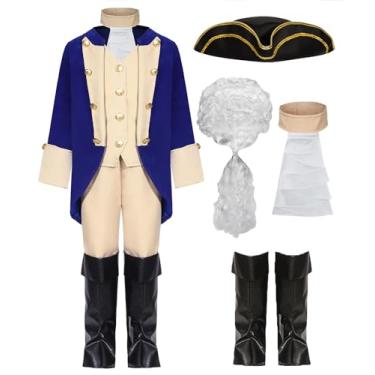 Imagem de George Washington Costume Kids Boys Founding Father Costume Outfit Alexander Hamilton Cosplay American Colonial Uniform with Wig for School Party Halloween RK013L