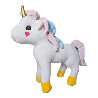 Imagem de Bicho de Pelúcia Unicórnio Branco com tiras coloridas e bordado antialérgico para decoração infantil