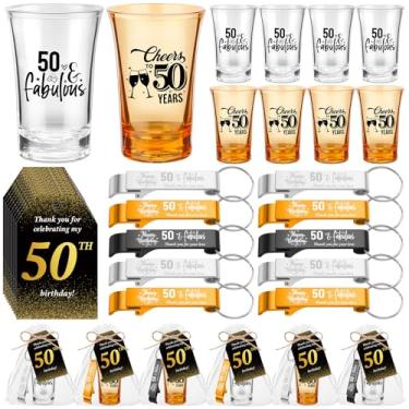 Imagem de Domensi 50 conjuntos de lembrancinhas de festa de 50 anos para convidados a granel incluem Cheers to 50 copos curtos abridor de garrafa de cerveja chaveiros cartões de agradecimento com sacos de