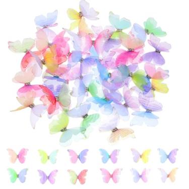 Imagem de 36 peças de tecido de organza, apliques de borboleta, borboletas para artesanato, borboleta de renda 3D colorida, 2 camadas, decoração de parede para roupas, ornamento, decoração de casa, decoração de