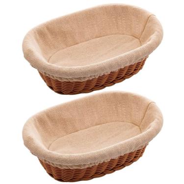Imagem de Kit 2 Cestas Porta Pão 24x17cm Oval Rattan Plástico Forro Tecido Cesto Lyor