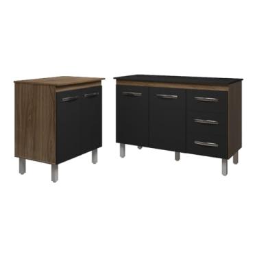 Imagem de Mobília Decor, Balcão Para Microondas ou Forno e Armário Bruna 118 cm Cozinha Gabinete Savana Preto com Tampo Tampão Preto