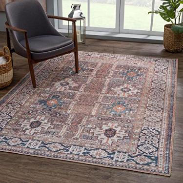 Imagem de Bloom Rugs Tapete lavável antiderrapante de 6 cm x 7 cm - marrom/azul/laranja tapete oriental tradicional para sala de estar, quarto, sala de jantar e cozinha - tamanho exato: 5 cm x 7 cm